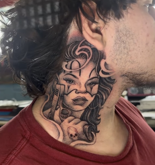 Chicano portrait neck tattoo